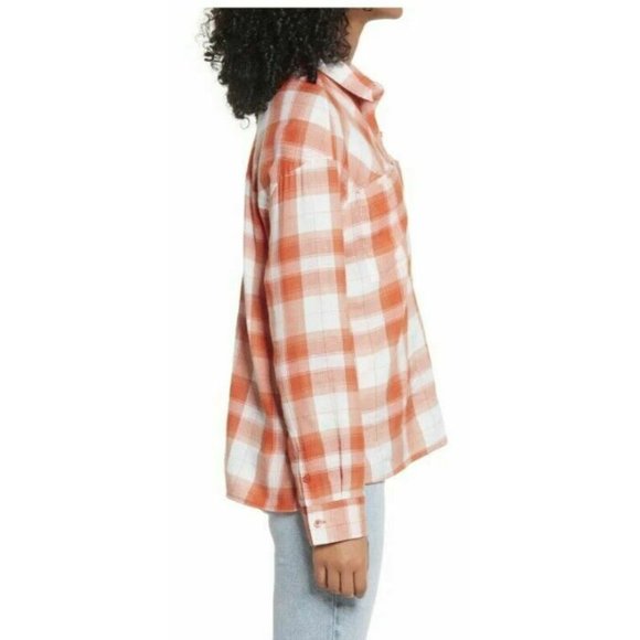 BP Women's High/Low Plaid Button Up Shirt Rust Ivory Bill Plaid Small MSRP $39 - Picture 3 of 6